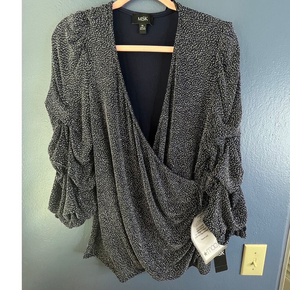 MSK blue silver metallic glitter tiered long sleeve wrap style blouse XL NWT